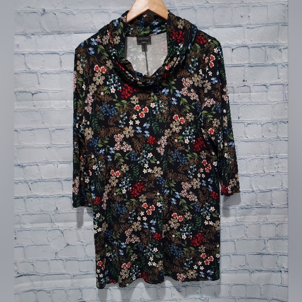 J Jill Wearever Large Tunic Top Black Floral Cowl Neck 3/4 Sleeve Quite Luxury
